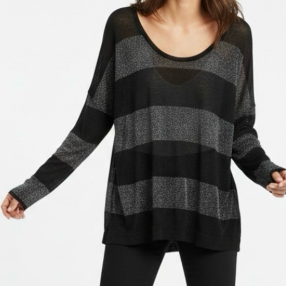 Splendid Black Tunic Top Black Grey Metallic Striped Shimmer High Low M